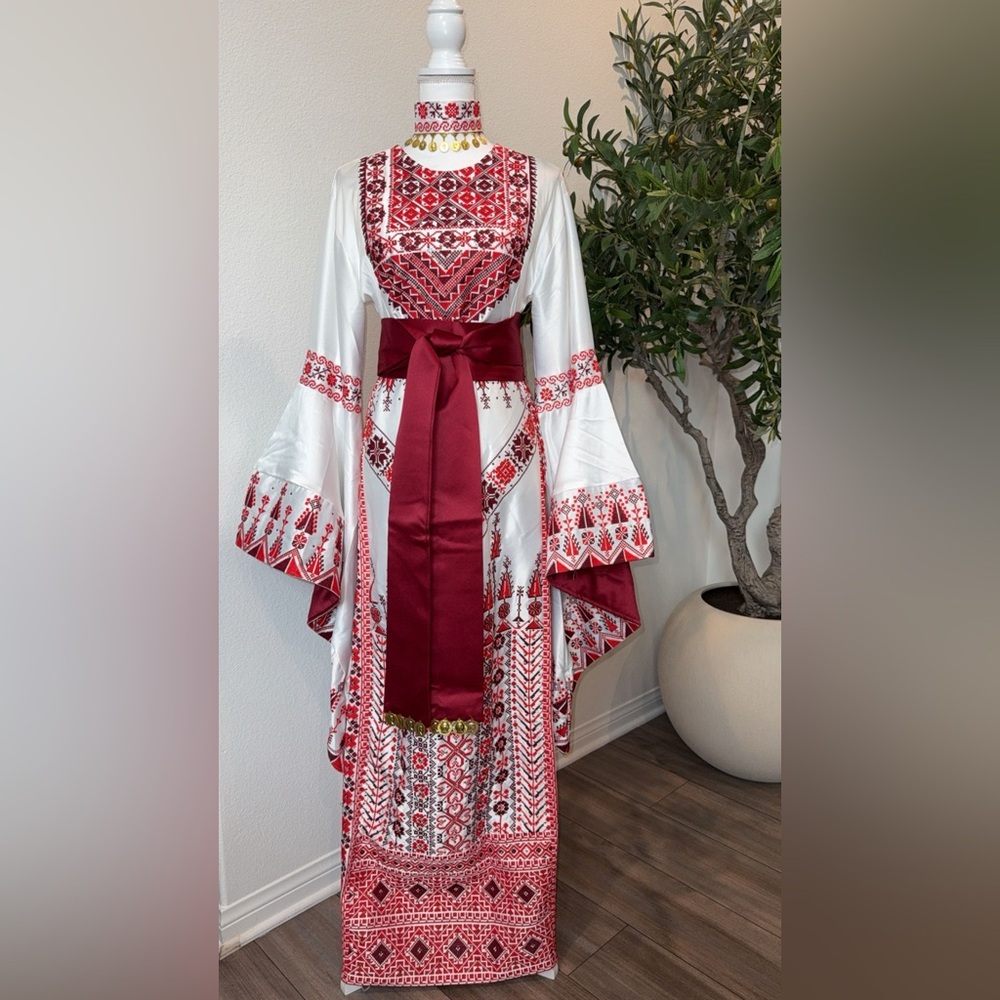 New Womens Henna Kaftan Thobe Satin Dress Red and White Size Small/Medium 4-6 - Picture 2 of 9